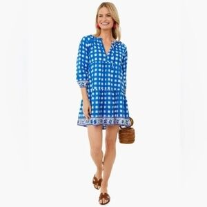 Tuckernuck‎ SZ Blockprint Priya Mini Dress London Blue Gingham Cotton size Small